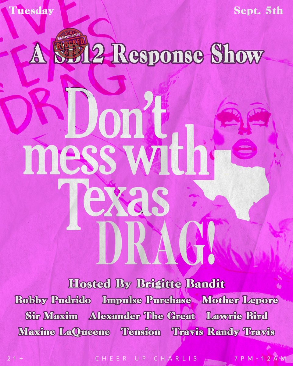 hosting a drag show tn at @CheerUpCharlies ft. performers who testified against SB12 at our state Capitol 💖 show at 8!