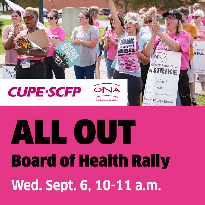 TOMORROW: Stand united with @ontarionurses & @CUPEOntario in the fight for fair wages! @CFNUPresident Linda Silas & @4angiepreocanin will be at the ALL OUT Board of Health Rally from 10-11 am in Belleville on Wednesday. Will you join them? Details here: ona.org/hastings-princ…
