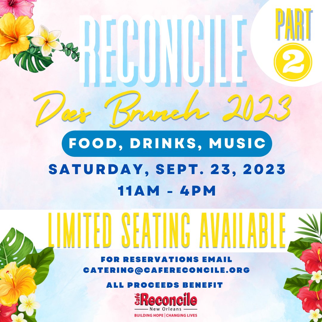 Café Reconcile (@cafereconcile) on Twitter photo We are less than a month away from Reconcile Does Brunch Part II! GREAT NEWS... We are almost completely booked!
EVEN BETTER NEWS... Due to the overwhelming response, we've added 2:30 pm and 3 pm reservation time slots. Email catering@cafereconcile.org to make your reservation We are less than a month away from Reconcile Does Brunch Part II! GREAT NEWS... We are almost completely booked!
EVEN BETTER NEWS... Due to the overwhelming response, we've added 2:30 pm and 3 pm reservation time slots. Email catering@cafereconcile.org to make your reservation