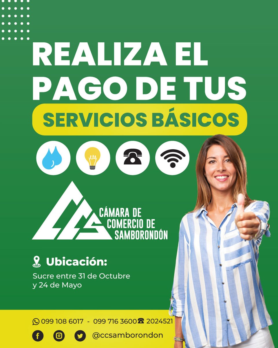 ccsamborondon's tweet photo. ¡Paga tus servicios básicos en la Cámara de Comercio de Samborondón y olvídate de las filas! 💳✨ ¡Te esperamos! 🏦📲 Contáctanos: 099 108 6017 - 099 716 3600 📍Samborondón, Sucre entre 31 de Octubre y 24 de Mayo. https://t.co/1qD7FLh9I4