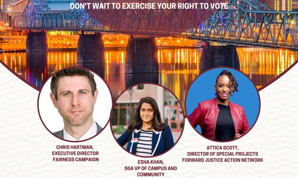 'Reaching Critical Mass' civic engagement w/@atticascottky our Director of Special Projects, @ChrisHartmanKY Executive Director of @FairnessCamp + Esha Khan of @bellarmineU discussing voting rights. FREE food provided by BU Center for Community Engagement engage.bellarmine.edu/event/9277602
