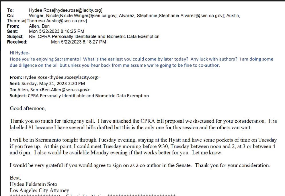 JON'S RECORDS: Since May of this year, LA City Attorney Feldstein Soto's office has been reaching out to CA State officials and unions to pass a bill weakening the California Public Records Act.

State Senator Ben Allen expressed interest in co-authoring a bill: