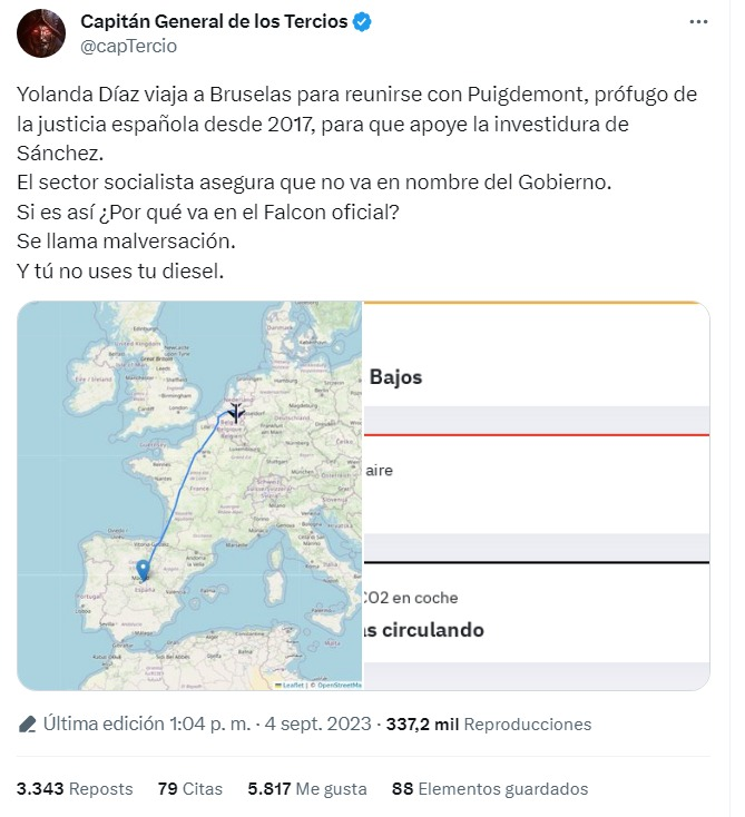 Desde ayer se han publicado más de 50.000 tuits difundiendo la mentira que <a href="/Yolanda_Diaz_/">Yolanda Díaz</a> voló en Falcon para ver a Puigdemont. Diputados del PP y VOX, medios de desinformación y los trolstars y bots habituales participaron.
La fuente: Vuelo a Eindhoven de un militar en una web.