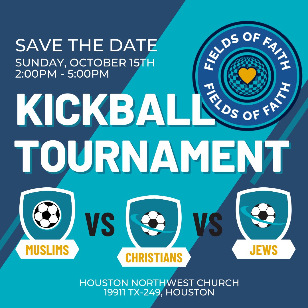 joinbridges's tweet photo. TWO teams are needed for Minaret Foundation's Fields of Faith Kickball Tournament! Represent Muslim, Jewish, or Christian communities in unity &amp; fun competition. 📅 Oct 15, ⏰ 2-4 PM CT, 📍Houston Northwest. Register NOW: https://t.co/6RKeLeroIT https://t.co/5gMtqzREa0