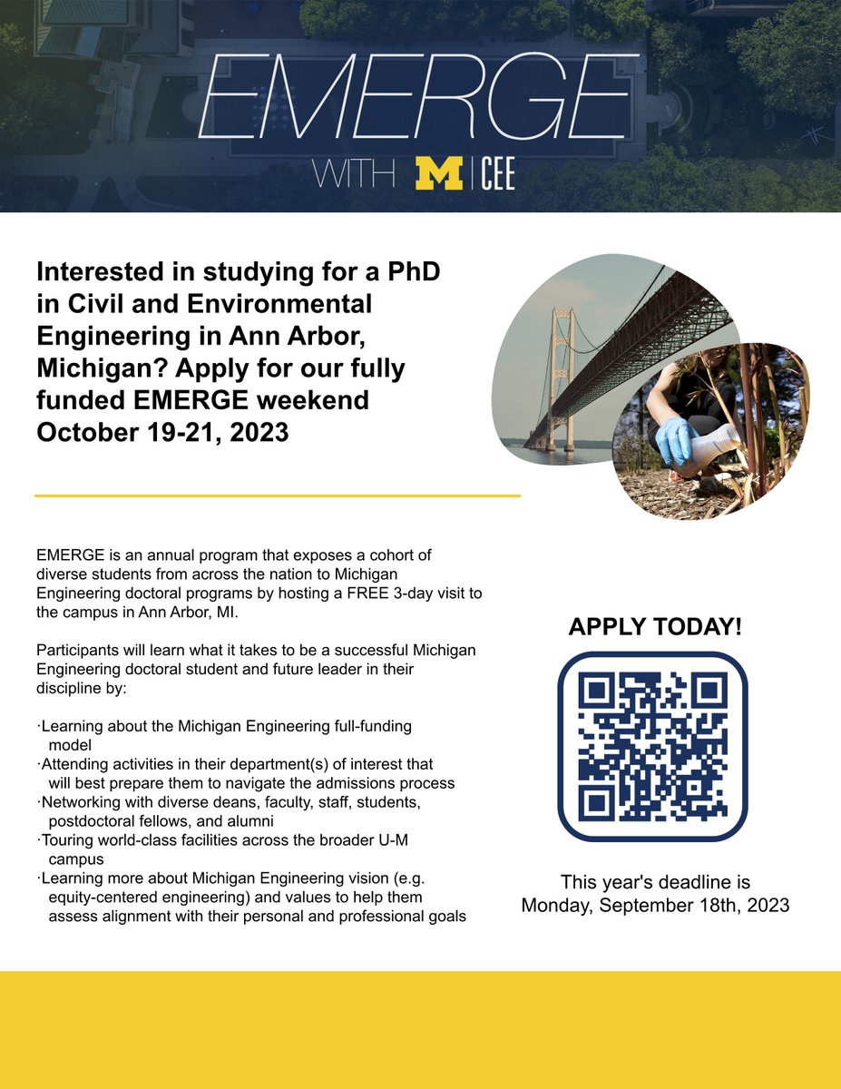 UM_CEE's tweet photo. Learn what it takes to become a successful Michigan Engineering doctoral student and future leader by applying to our fully funded EMERGE weekend. Act fast! The deadline is September 18th. Learn more ->  https://t.co/sM4e10PZeT https://t.co/6Pamsk3fSg