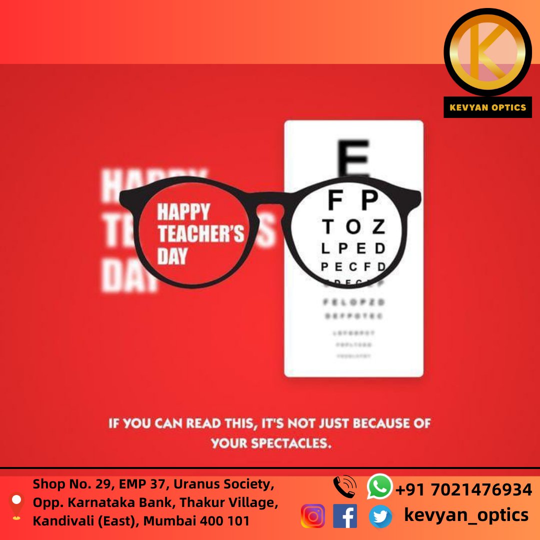 Kevyan_optics's tweet image. When one finds the true Teacher,
one can conquer half the world.
This Teacher&apos;s Day give a gift to those who had
created vision in your life.
Happy Teacher&apos;s Day..!!

#guru #lifeteachers #visionprovider #style #optician #peoplechoice
#specs #lens #sunglasses #gift #eyecare
