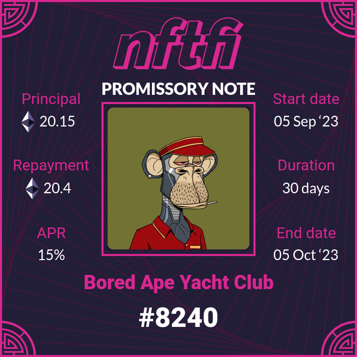New loan started on BoredApeYachtClub: #8240
    
Loan: 20.15 wETH
Repayment: 20.398425 wETH
Duration: 30 days
APR: 15%
  
app.nftfi.com/assets/0xbc4ca…

#BoredApeYachtClub #BAYC