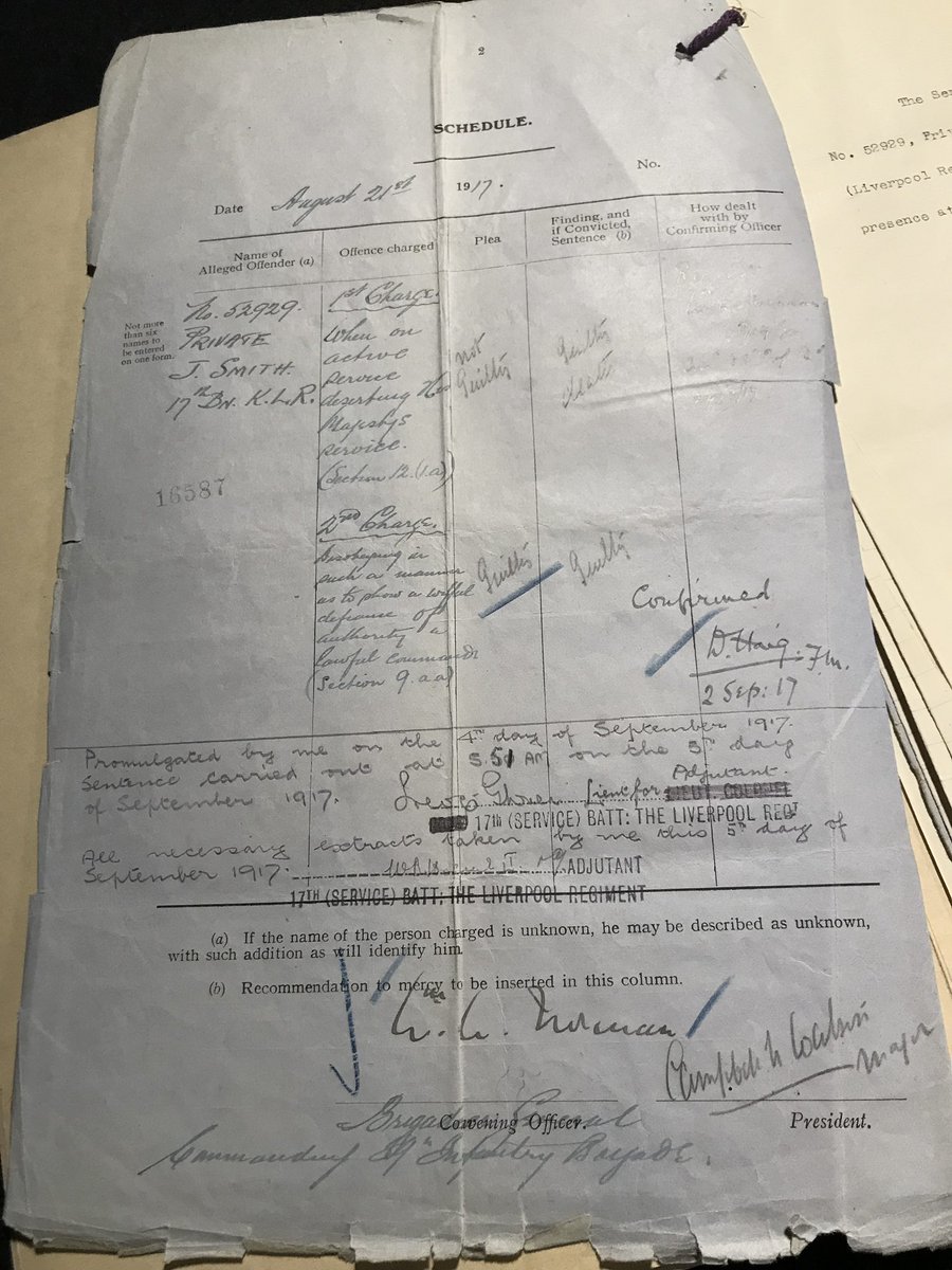 This morning in 1917 Private Jimmy Smith was executed by the British Army for desertion. Here's his court martial record. He was a decorated veteran, buried by a shell blast at the Somme & diagnosed with Shell Shock. He refused to return to the front and was shot by firing squad