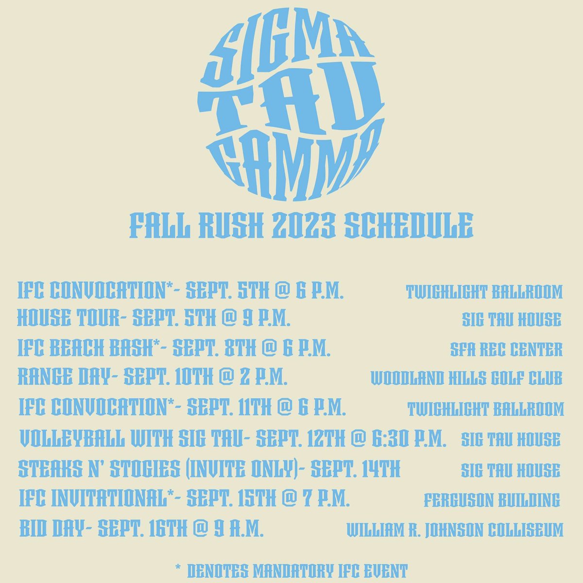 ‼️UPDATED RUSH SCHEDULE‼️ 
•
•
•
Y’all come out and meet the guys! We’re excited for the next 2 weeks to start👀😮‍💨 For any questions contact @cade_willis1 @hunter_floerke @codyxmitchell #ΣΤΓ #rushthebest