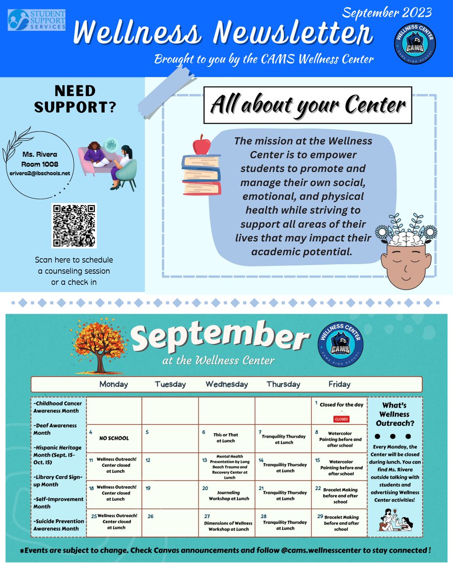cams_wellness's tweet photo. HAPPY SEPTEMBER🍂 Here is our first Wellness Newsletter of the school year🗞️ Learn all about the center, and stay connected with the calendar on all upcoming events. https://t.co/sZJjByYS2D