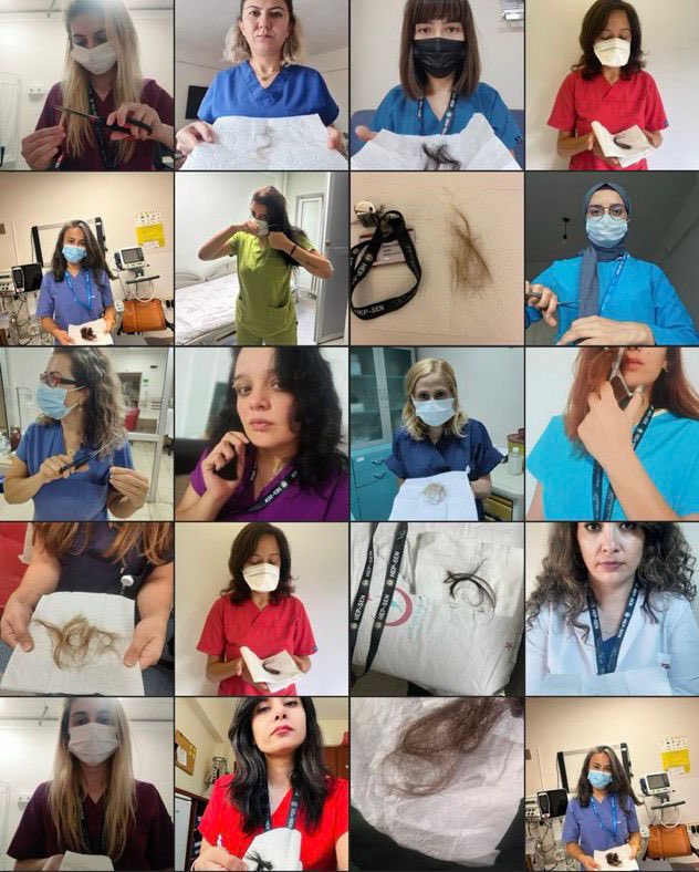 Bir çok hastanede çalışan onlarca hemşire, Silivri Devlet Hastanesi’nde  bir kendini bilmez tarafından darp edilip saçı kopartılan meslektaşları için saç kesme eylemi yaparak hesaplarında paylaştı. 

 #saçımıntelinedokunma