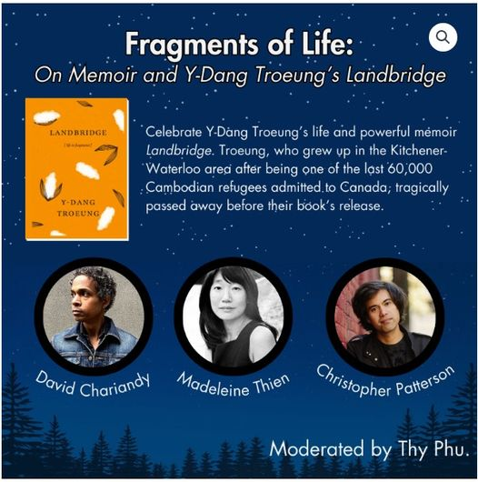 KawikaGuillermo's tweet image. Y-Dang Troeung&apos;s LANDBRIDGE will be featured in Waterloo at Wild Writers fest @thenewquarterly! Much love to panelists David and @madeleinethien, and organizers Thy &amp;amp; Vinh  

Fragments of Life: On Memoir and Y-Dang Troeung&apos;s Landbridge
Sat, Oct 28, 3:10PM

wildwriters.ca/product/fragme…