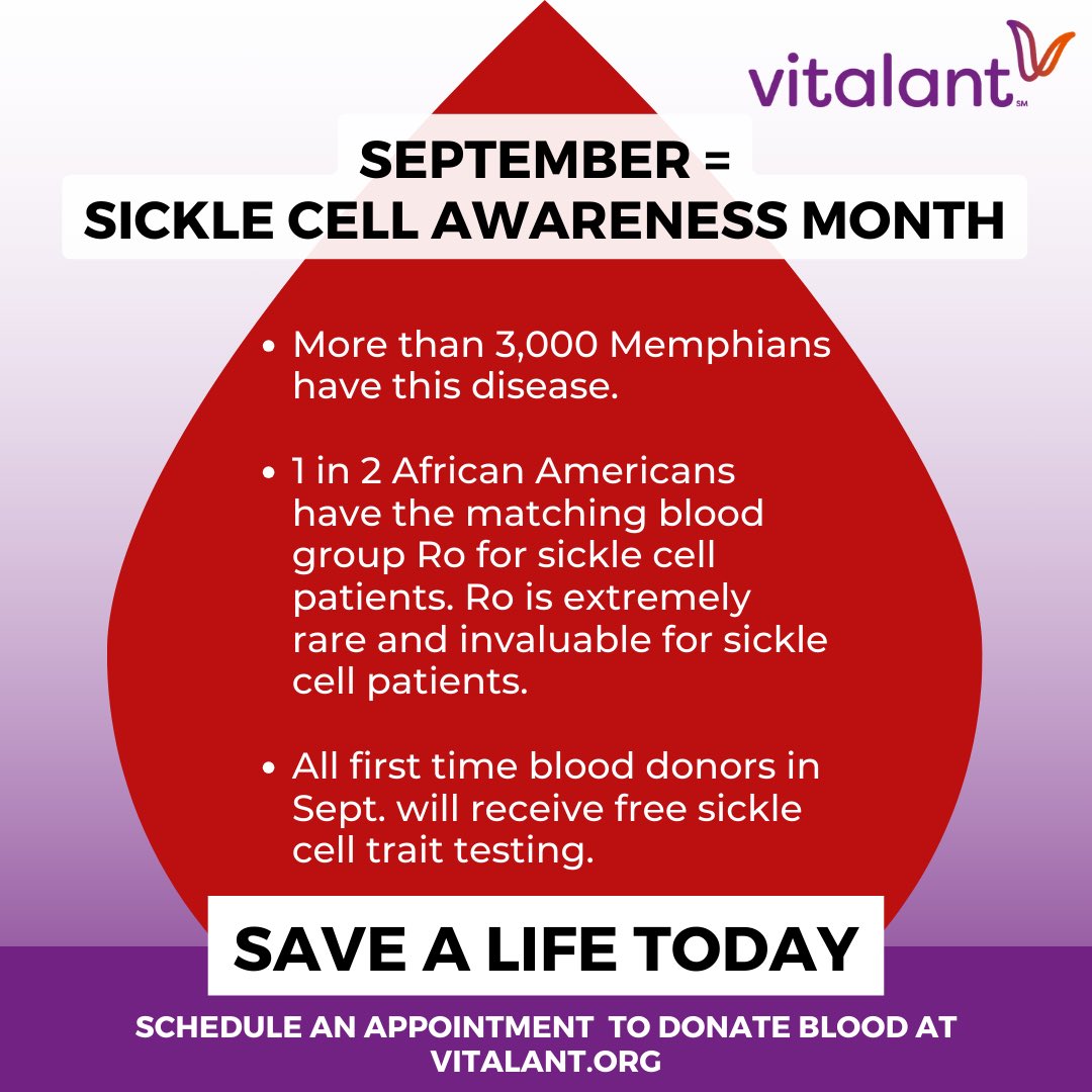 September is Sickle Cell Awareness Month, and we need your help! Memphis has one of the largest populations of people with sickle cell. Blood donations are crucial to treating these patients regularly. <a href="/VitalantSouth/">Vitalant - South</a> #ad <a href="/901fund/">@901Fund</a> 
Schedule an appt: opndr.se/7VhWbhtXk .