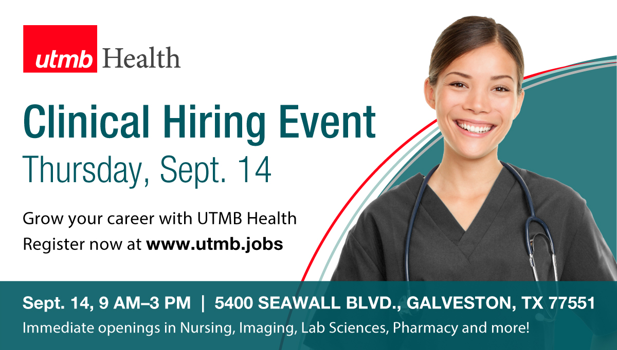 Don't delay, register today! This Clinical Hiring Event on Sept. 14 is just around the corner! Visit utmb.jobs for more information and to register.
 
#rnjobs, #pharmacyjobs, #labjobs, #imaging, #radiologyjobs, #clinicaljobs, #healthcarejobs