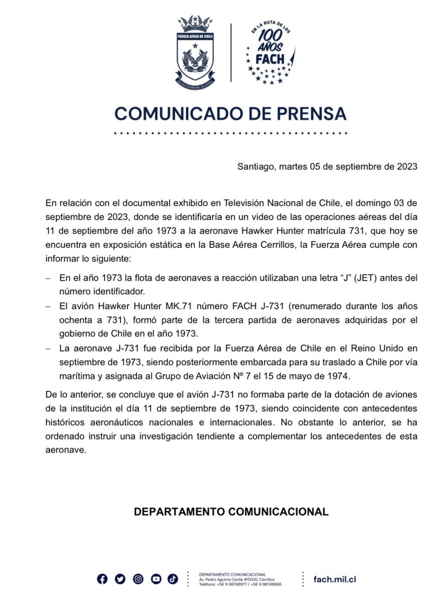 FACh_Chile's tweet photo. Comunicado de Prensa #FACH https://t.co/d8cIEHU5OB