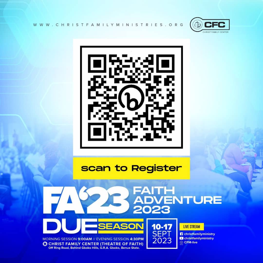 Distance is not a barrier! You can connect to #FA23 

Get all the streaming details when you register at fa.christfamilyministries.org

#FA23
#FaithAdventure2023
#DueSeason
#ChristFamilyMinistry