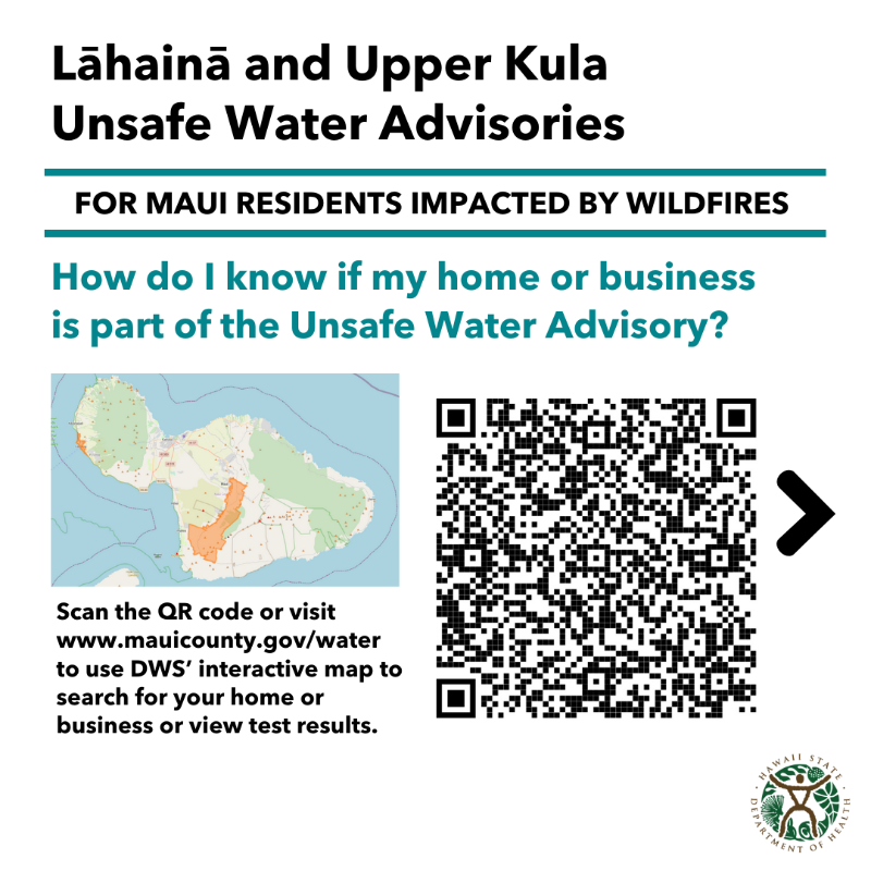 HawaiiDOH's tweet photo. The Maui County Department of Water Supply (DWS) Unsafe Water Advisories are still in effect for parts of Lāhainā and Upper Kula.

DOH and @EPA are assisting DWS to return the water systems to service.