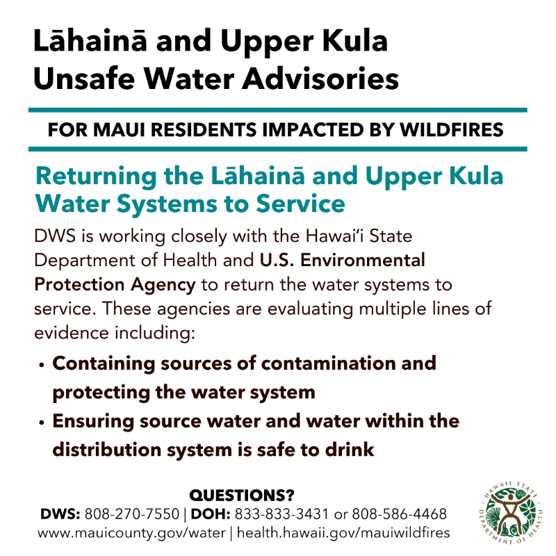 HawaiiDOH's tweet photo. The Maui County Department of Water Supply (DWS) Unsafe Water Advisories are still in effect for parts of Lāhainā and Upper Kula.

DOH and @EPA are assisting DWS to return the water systems to service.