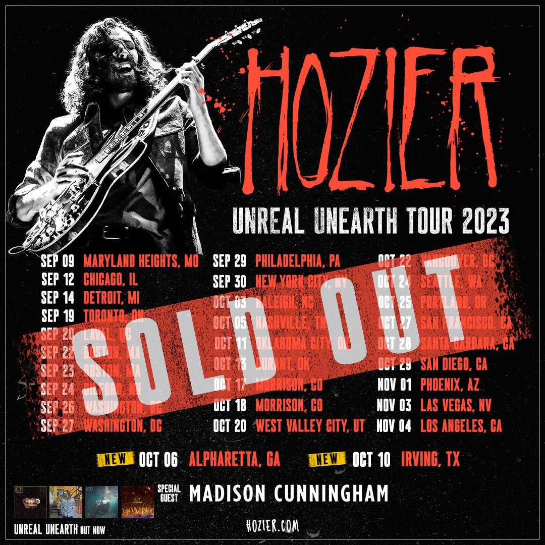 Hozier's tweet photo. It's a joy to add two new dates to my #UnrealUnearth Tour! See you soon in Alpharetta, GA &amp; Irving, TX. Tickets onsale Friday, 9/8 at 10am 🖤 https://t.co/3VjNcZrB3A