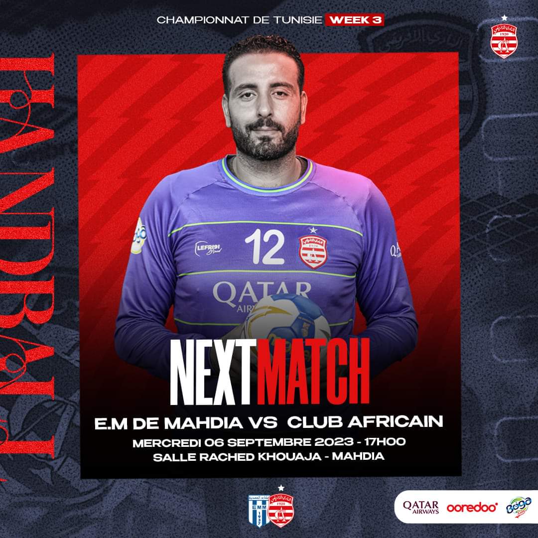clubafricain's tweet photo. #Handball ⚪ 𝐍𝐄𝐗𝐓-𝐌𝐀𝐓𝐂𝐇 🔴🤾‍♂️  J3️⃣ 
El Makarem de Mahdia 🆚 #ClubAfricain 🔴⚪ 
#EMMCA 
📍 Salle Rached khouaja - Mahdia 
🕔 17H 
🏆 Championnat Elite Hommes : ( Phase 1)
 #الإفريقي_تعيش 🇦🇹 https://t.co/6qWjvG2BjE