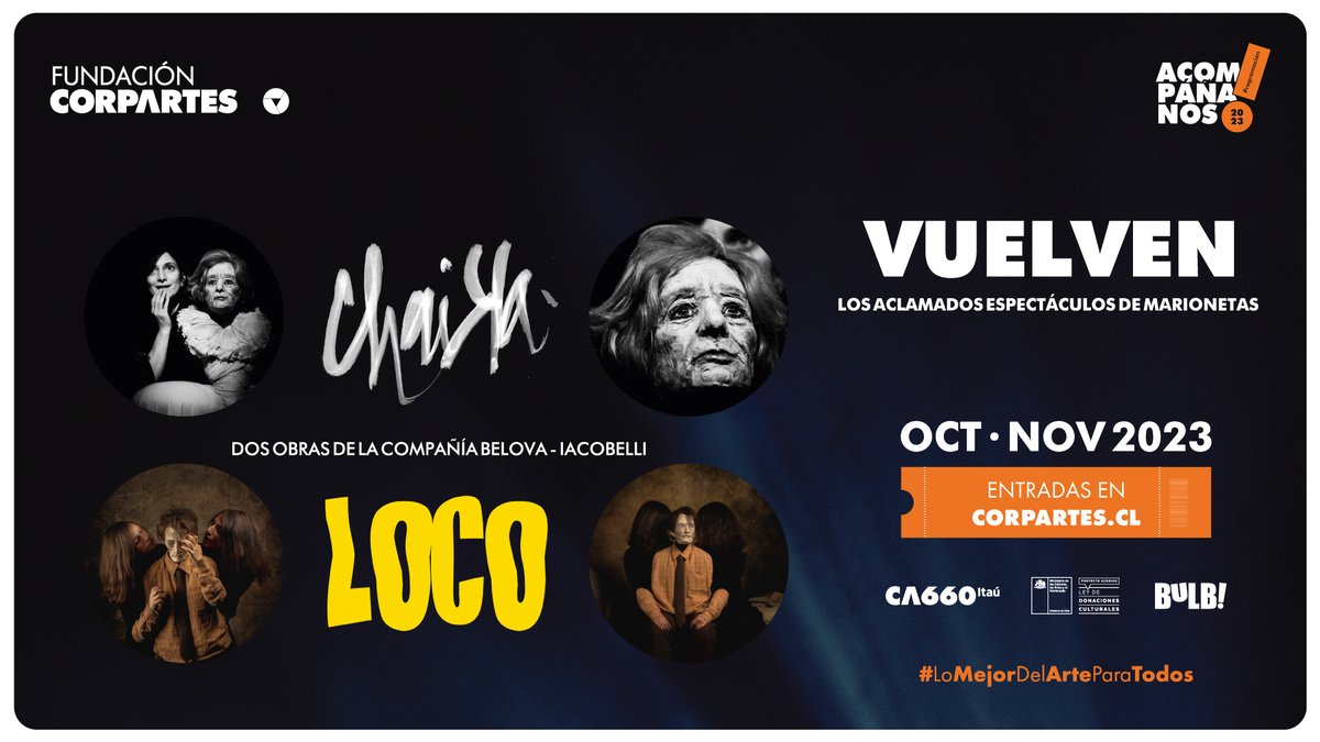CorpArtes's tweet photo. La compañía #BelovaIacobelli, conformada por la actriz y directora chilena Tita Iacobelli y la marionetista belgo-rusa Natacha Belova, aterrizan en nuestro Teatro #CA660 con dos aclamados espectáculos: "Loco" y "Chaika" 😱👏

🎟️Compra tus entradas en https://t.co/NdaOZDpBW7 https://t.co/qqVpj08NgH