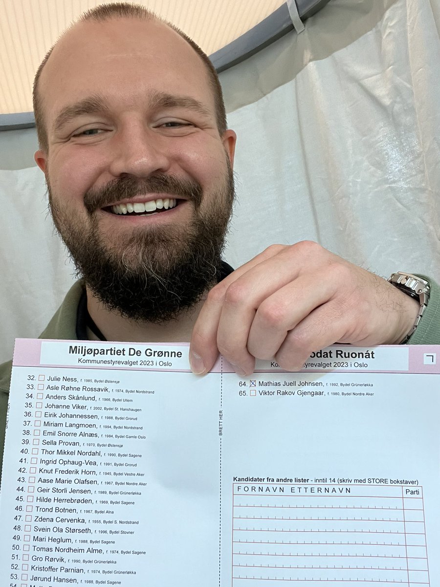 Stemte på meg selv i år! 64. plass på lista til Oslo MDG, gi meg et kryss eller en slenger hvis du vil. Anbefaler å stemme på MDG. Veldig bra parti for oss som er glad i en grønn og trivelig by.