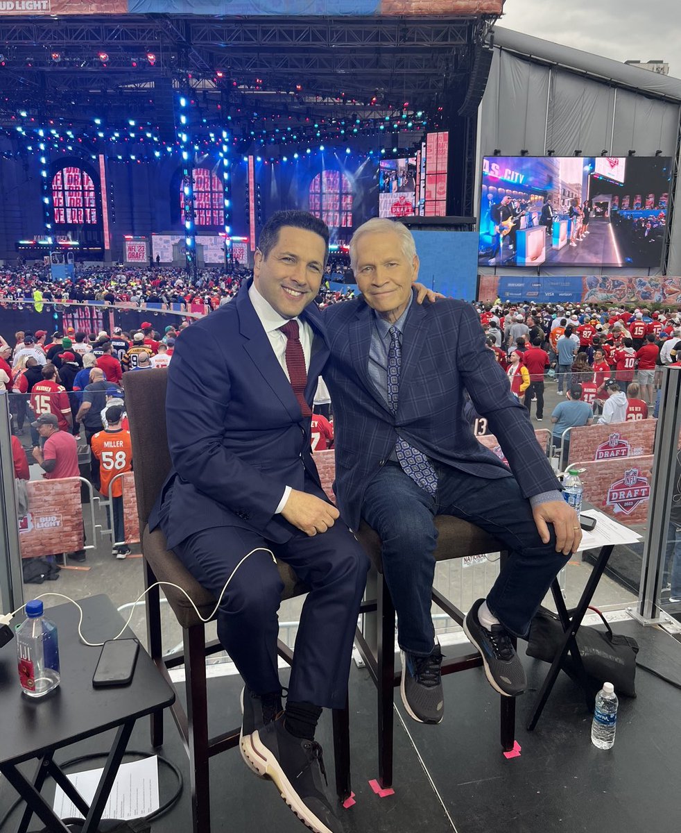 AdamSchefter's tweet photo. This photo was taken at night two of the KC draft, moments before @mortreport finished his final ESPN assignment. It never will be the same without him by my side, and all those times will be remembered with remarkable fondness. Working next to Mort was the honor of a lifetime. https://t.co/gexu0FLKur