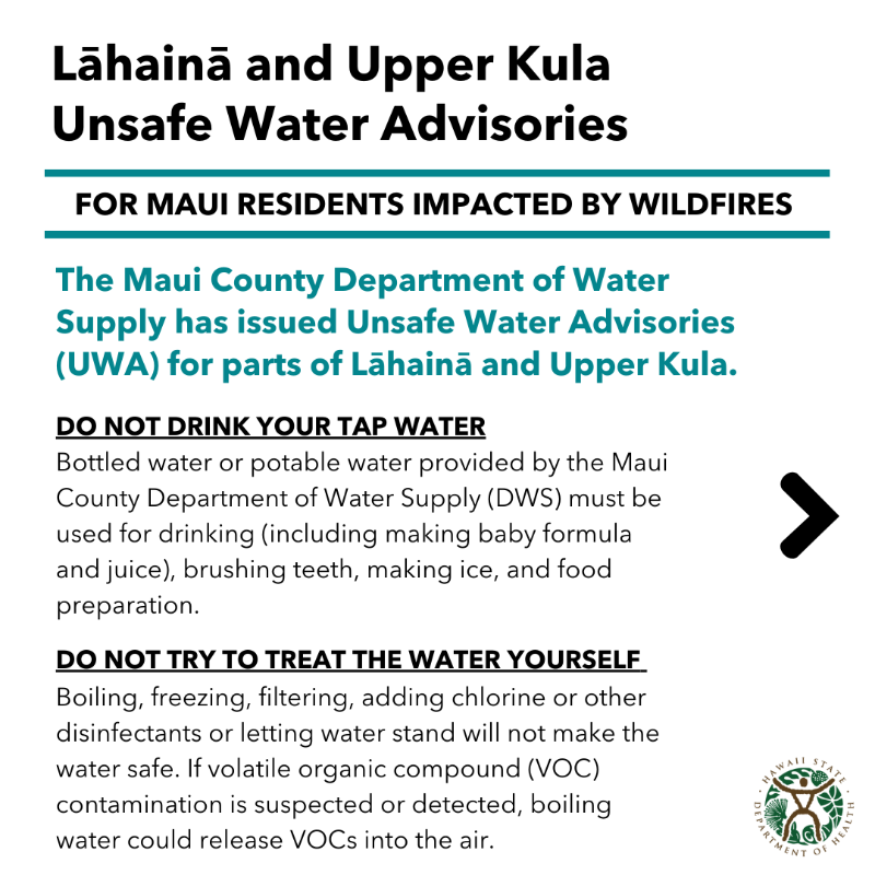 HawaiiDOH's tweet photo. The Maui County Department of Water Supply (DWS) Unsafe Water Advisories are still in effect for parts of Lāhainā and Upper Kula.

DOH and @EPA are assisting DWS to return the water systems to service.