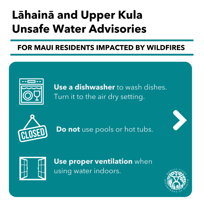 HawaiiDOH's tweet photo. The Maui County Department of Water Supply (DWS) Unsafe Water Advisories are still in effect for parts of Lāhainā and Upper Kula.

DOH and @EPA are assisting DWS to return the water systems to service.