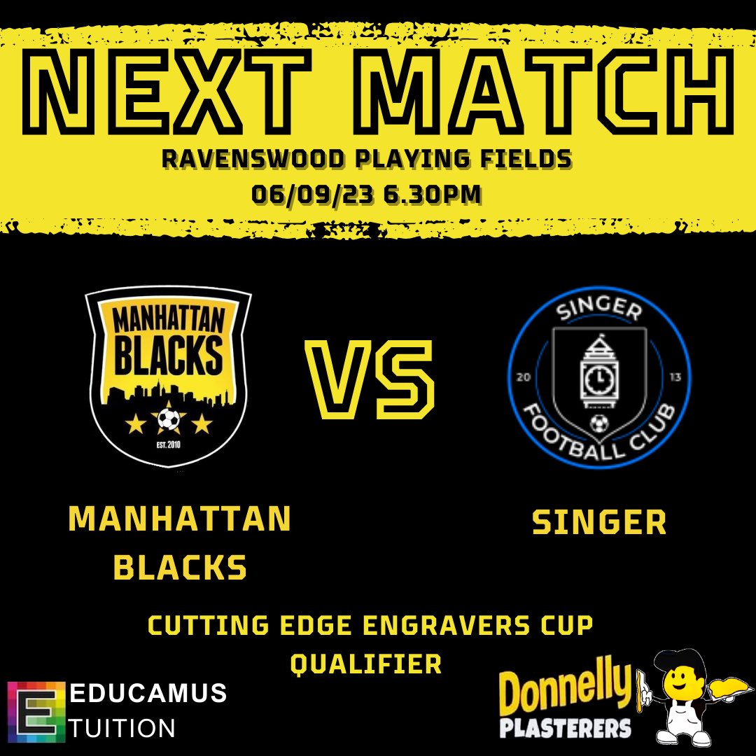 Last of the midweek cup games for the boys this week. Tomorrow we welcome <a href="/SINGERFC2013/">SINGER FC</a> to Ravenswood.

🆚 <a href="/SINGERFC2013/">SINGER FC</a> 
🏆 <a href="/OfficialSMAFA/">SMAFA</a> Cutting Edge Engravers Cup Qualifier
📍 Ravenswood Playing Fields
🗓️ Wednesday 6th September
⌚️ 6.30pm

#MBFC ⚫️🟡