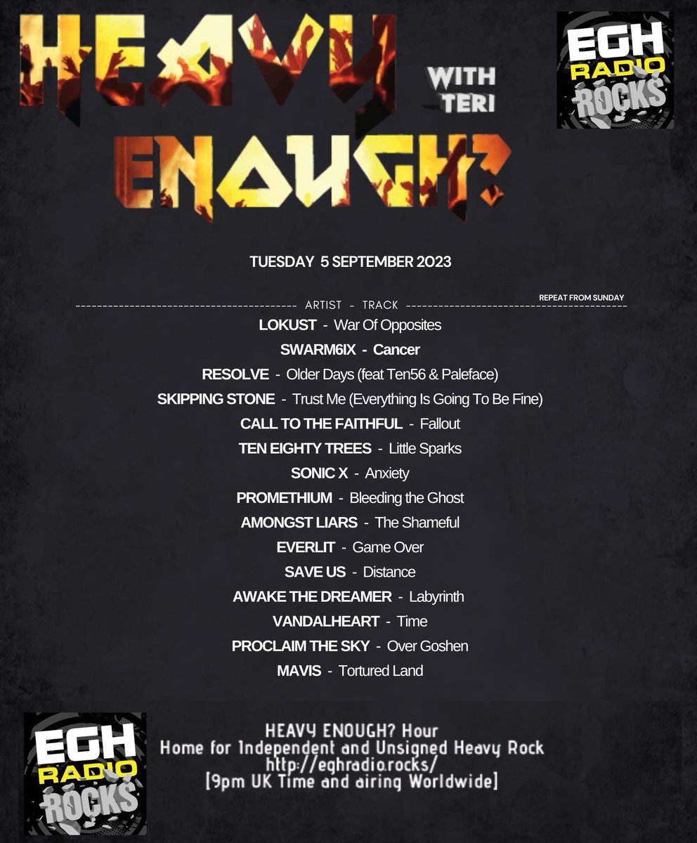 HeavyEnough Hour with Teri (@musicmatterstee) on Twitter photo #NowPlaying <a href="/EGHRocks/">EGH Radio Rocks</a>
9pmUKtime #HeavyEnough Hour
๐ถeghradio.rocks/player_stream/
#ListenHere the new bangers from-
#LOKUST
<a href="/SWARM6IX/">SWARM6IX</a>
<a href="/resolveoff/">Resolve</a>
<a href="/SkippingStoneKY/">Skipping Stone</a>
<a href="/CTTFband/">Call to the Faithful</a>
<a href="/TenEightyTrees/">Ten Eighty Trees</a>
<a href="/SonicXBand/">Sonic X</a>
...more to follow
Enjoy! #NewMusicAlert
โน๏ธ facebook.com/HeavyEnoughHouโฆ #NowPlaying <a href="/EGHRocks/">EGH Radio Rocks</a>
9pmUKtime #HeavyEnough Hour
๐ถeghradio.rocks/player_stream/
#ListenHere the new bangers from-
#LOKUST
<a href="/SWARM6IX/">SWARM6IX</a>
<a href="/resolveoff/">Resolve</a>
<a href="/SkippingStoneKY/">Skipping Stone</a>
<a href="/CTTFband/">Call to the Faithful</a>
<a href="/TenEightyTrees/">Ten Eighty Trees</a>
<a href="/SonicXBand/">Sonic X</a>
...more to follow
Enjoy! #NewMusicAlert
โน๏ธ facebook.com/HeavyEnoughHouโฆ