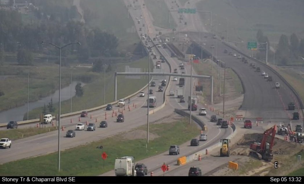 NewsRadioCGY's tweet photo. Major development on Stoney Trail SE. 
New bridge over Bow River is .. partially open. 

Drivers on Stoney Trail still sharing the old bridge between Deerfoot Trail &amp; Macleod Trail.. but drivers coming east out of Chaparral are using 1 EB lane on new bridge.
#ABRoads #yyctraffic https://t.co/CHlo87cGru