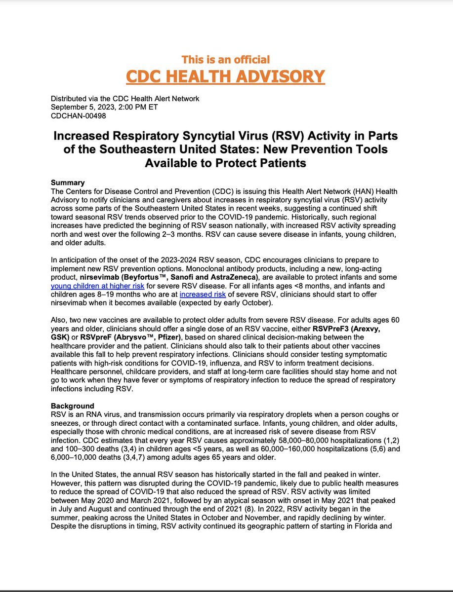 KrutikaKuppalli's tweet photo. π @CDCgov Health Advisory
- β¬οΈ #RSV across parts of SE US in past few weeks and CDC is encouraging clinicians to use
1. #nirsevimab (long acting mAb) to protect infants and children at β¬οΈ risk of RSV
2. #RSVPreF3 or #RSVPreF a single dose vaccine for adults > 60
More infoπ https://t.co/PUkVXOmyYa