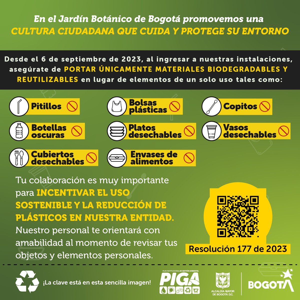 🚨¡Estamos comprometidos con el medio ambiente y queremos que tú hagas parte!
Desde el 6 de septiembre el ingreso de plásticos de un solo uso está prohibido y restringido a elementos únicamente biodegradables, de acuerdo a la Resolución interna 177 de 2023 jbb.gov.co/documentos/jur…
