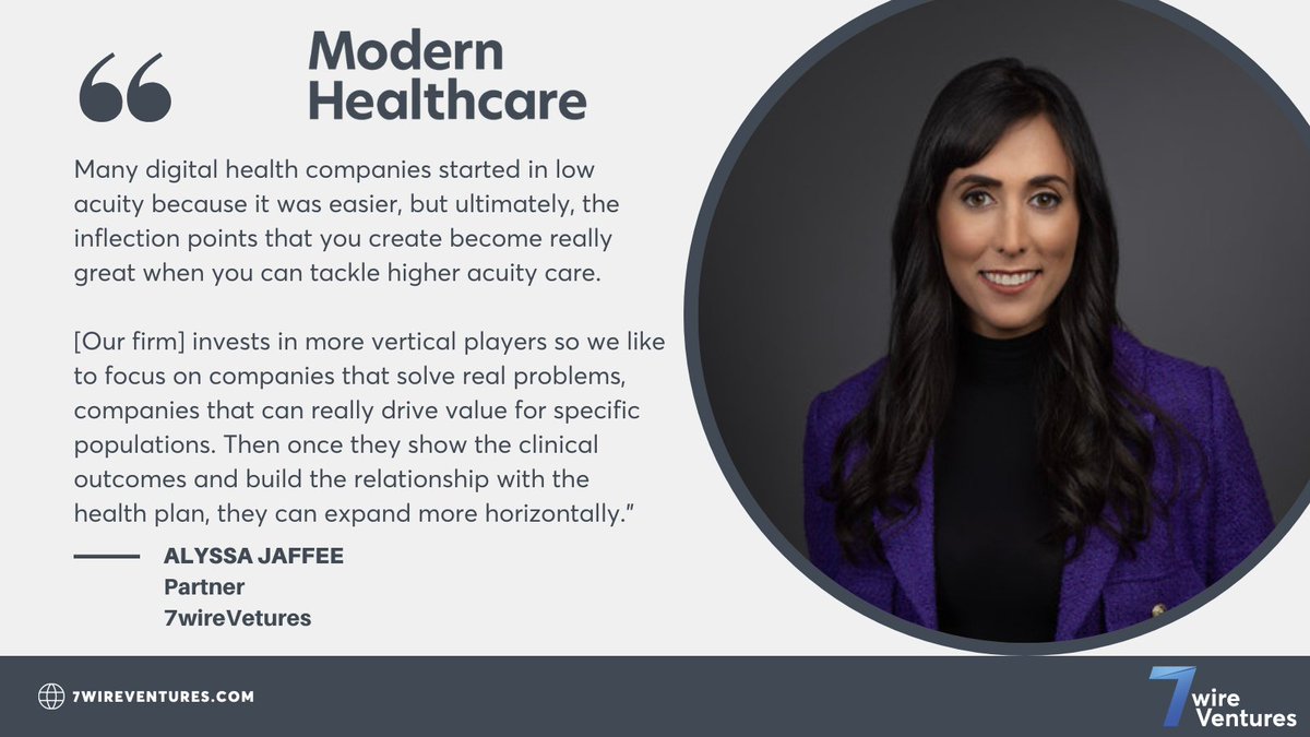 In the latest @modrnhealthcr article, @AlyssaJoyJaffee provides expert insights on digital health investing in a challenging market and the investment strategy of 7wireVentures. modernhealthcare.com/digital-health… #HealthcareInnovation #HealthcareVC #DigitalHealth