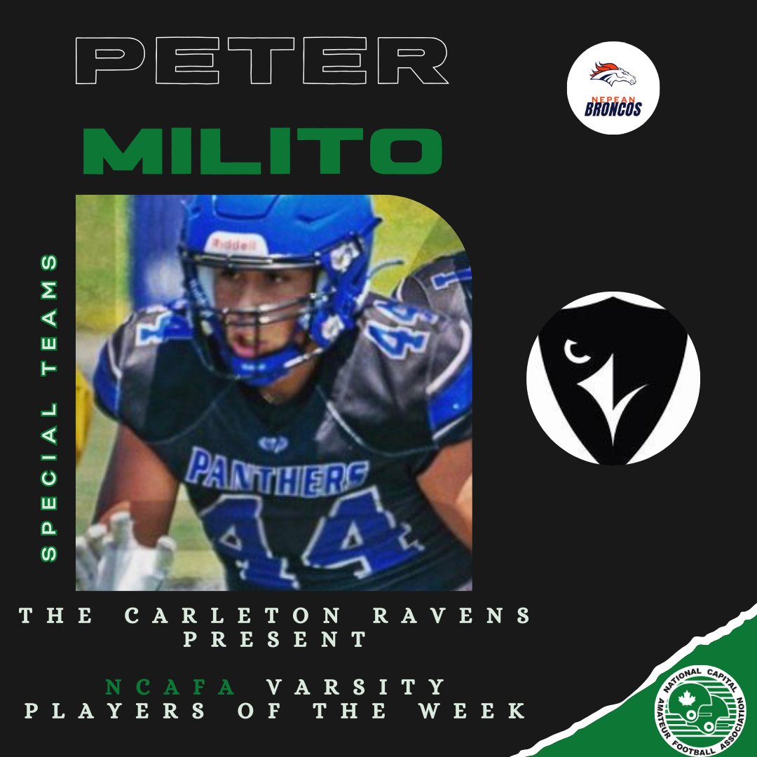 Week 4 NCAFA Varsity Players of The Week Presented by the <a href="/CURavensFB/">Carleton Ravens Football</a> 👀

Nico Brown: Nepean - Ran for 2 big TD’s with his legs &amp; passed for a deep TD
Erin Childs: Bel-Air -  Was a disruptor throughout the game
Peter Milito: Nepean - Difference maker on DL, OL &amp; ST's

#NCAFAPOTW