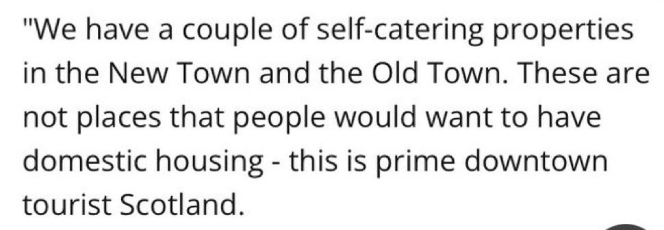 Well that’s… offensive. I know residents who were very happy in city centre who moved because they just couldn’t cope with unregulated STLs in their stair… 

It’s not ‘prime downtown tourist Scotland’ these places have been inhabited by communities for hundreds of years.