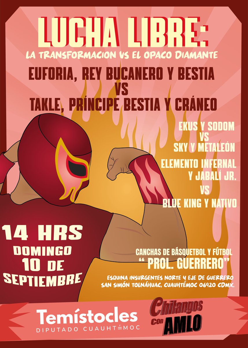 Tenemos una cita en el ring de #LuchaLibre por la Cuauhtémoc. 

¡Pelearan de 2 a 3 caídas: La Transformación vs el Opaco Diamante!

🗓️ Domingo 10 de septiembre. 
⏰ 14 HRS.
📍 Canchas de Básquetbol y Fútbol de la colonia San Simón Tolnáhuac.

Les esperamos.👇🏻