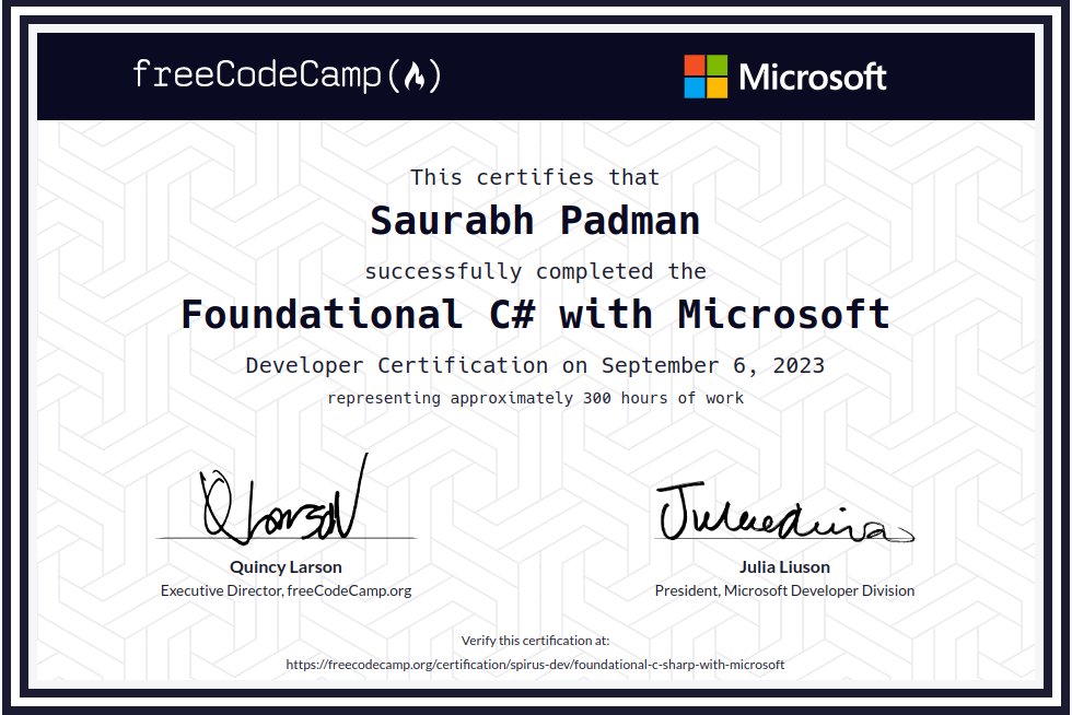 TweetSPIRUS's tweet photo. I just earned my Foundational C# certification
https://t.co/NJtSXNeDo7

Fantastic initiative by @microsoft and @freeCodeCamp  

#CSharp #MicrosoftCertification #FreeCodeCamp #LearningJourney https://t.co/zpaeU5ymZy