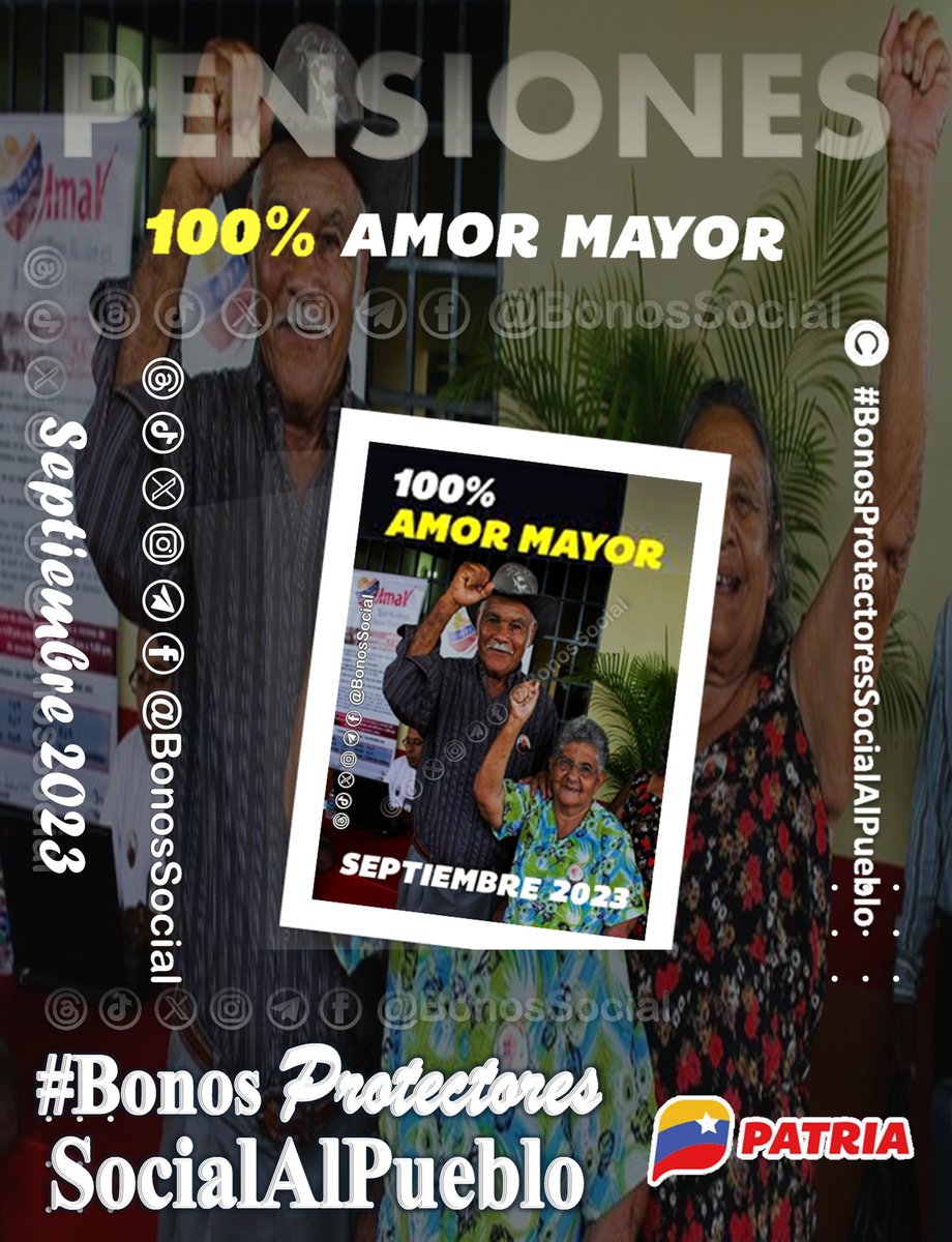 Bonos Protectores Social Al Pueblo (@bonossocial) on Twitter photo 🚨 #ÚLTIMAHORA: Inicia la entrega del pago de la Pensión 💯% #AmorMayor (septiembre 2023) a través del Sistema <a href="/CarnetDLaPatria/">Carnet de la patria</a> enviado por nuestro Pdte. <a href="/NicolasMaduro/">Nicolás Maduro</a>.
✅ Monto en Bs. 130,00
<a href="/BonosSocial/">Bonos Protectores Social Al Pueblo</a>
#VidaYPazSonLaPremisa 🚨 #ÚLTIMAHORA: Inicia la entrega del pago de la Pensión 💯% #AmorMayor (septiembre 2023) a través del Sistema <a href="/CarnetDLaPatria/">Carnet de la patria</a> enviado por nuestro Pdte. <a href="/NicolasMaduro/">Nicolás Maduro</a>.
✅ Monto en Bs. 130,00
<a href="/BonosSocial/">Bonos Protectores Social Al Pueblo</a>
#VidaYPazSonLaPremisa