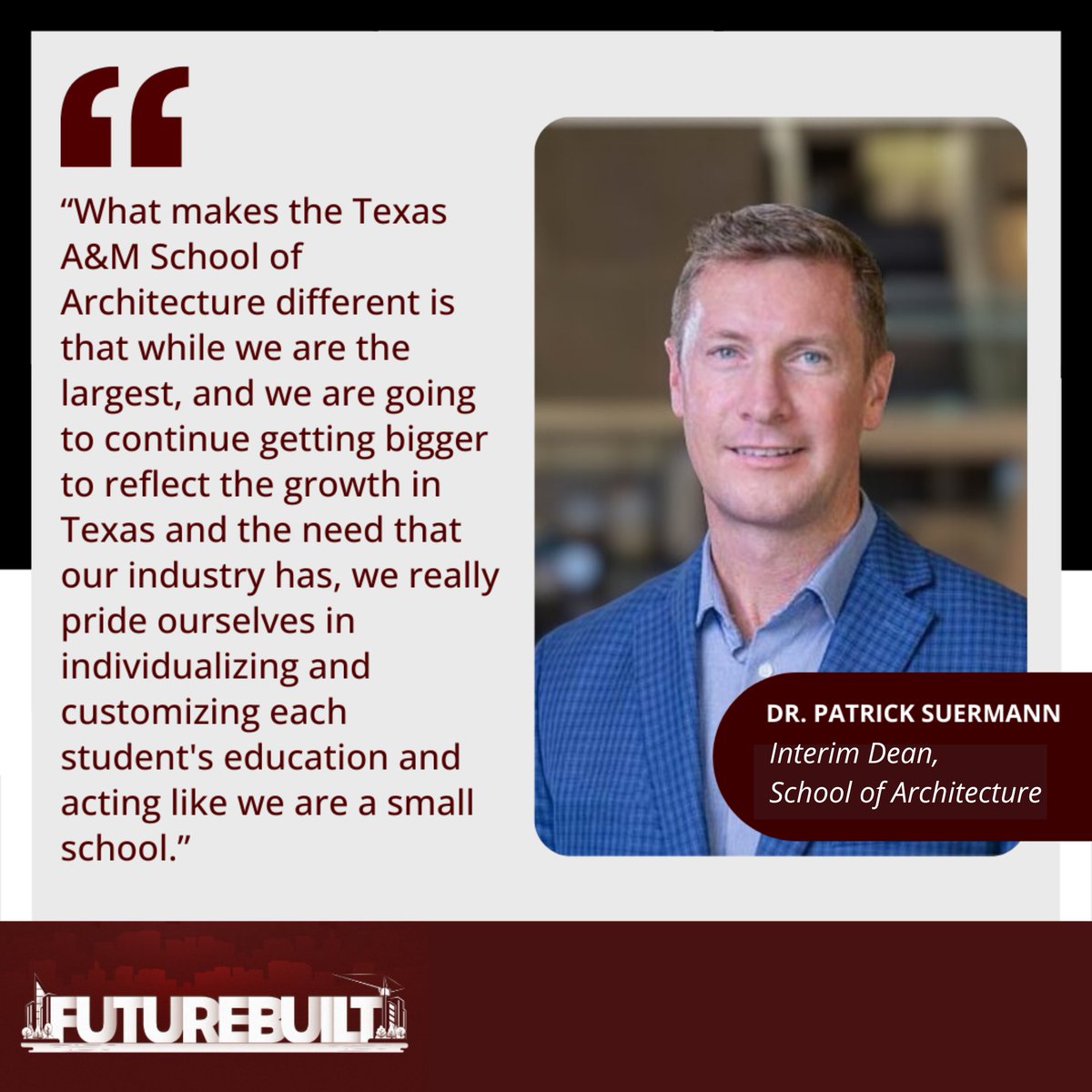 Did you catch the first episode of the School of Architecture's new podcast, "FutureBuilt," featuring Interim Dean Patrick Suermann?
Listen to any episode at tx.ag/futurebuilt to learn how to win an iPad and up to $1000 worth of software to help you build your future!