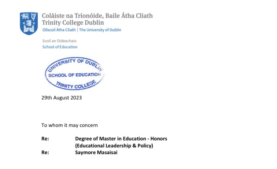 MasaisaiSaymore's tweet photo. Signing out of the #IrelandFellowsProgramme Africa 2022-23 but still identify as an Ireland Fellow. A masters degree done & dusted; bagging an Honors from the highly ranked Irish Varsity @tcddublin.
.
.
. #FirstClass #IrelandFellows @IrlEmbPretoria @Munei_Kujeke @ICOSirl https://t.co/s9f4eQwPSJ