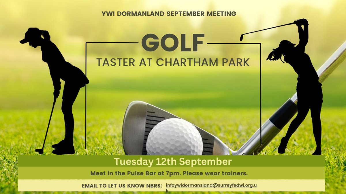 We are looking forward to our next meeting on 12th September with professional golfer Ben Knight at the earlier start time of 7PM. New members are welcome and your first meeting is free just email us in the address below ⁦<a href="/surreyfedwi/">@SurreyFedWI</a>⁩ ⁦@WILifemagazine⁩ #newskills