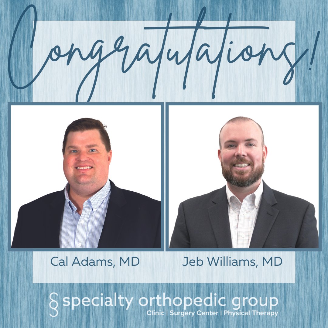 SpecialtyOrtho1's tweet image. Congratulations to Dr. Cal Adams and Dr. Jeb Williams! Both received exciting news Friday afternoon – they are now board certified by the American Board of Orthopaedic Surgery!
#chooseSOG #SOGstrong #NoReferralNeeded