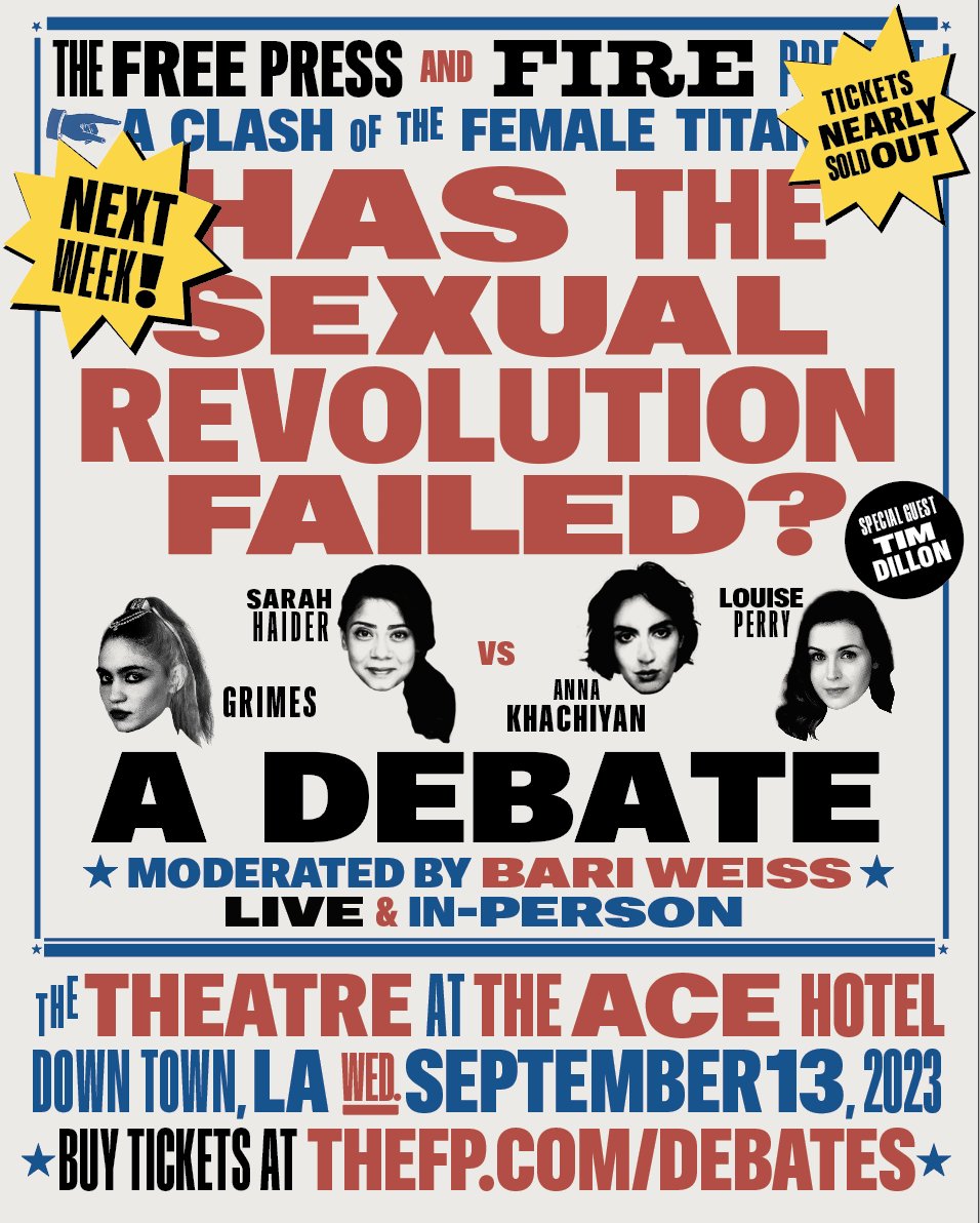 SnoozyWeiss's tweet image. Step right up Ladies and Gays, Theys and Thems, and Gentlemen of the World! 

Get yer tickets @ thefp.com/debates. Can't wait!