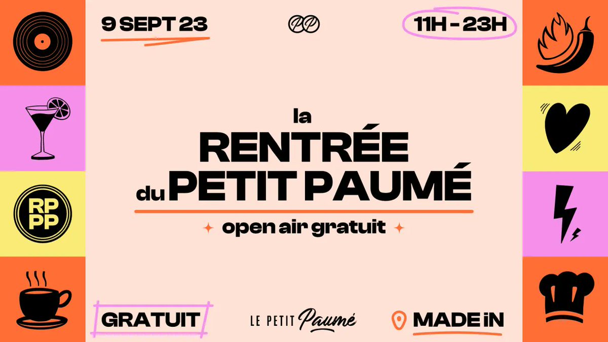 C’est la rentrée ! Et qui dit rentrée dit… Retour du Petit Paumé. MADE iN et Le Petit Paumé s’associent en organisant un Open Air sur notre campus. Entrée gratuite.

🍻 🎶 Samedi 9 septembre dès 11h. Au programme : pintes à 5€, DJ set 100% Lyonnais, stand tattoo… #Lyon