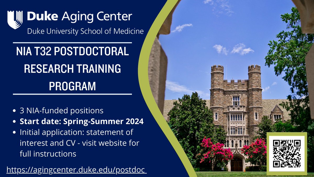 We are recruiting for three NIA T32 Postdoctoral positions at Duke Aging Center. Spread the word! Priority application deadline: October 1 agingcenter.duke.edu/postdoc