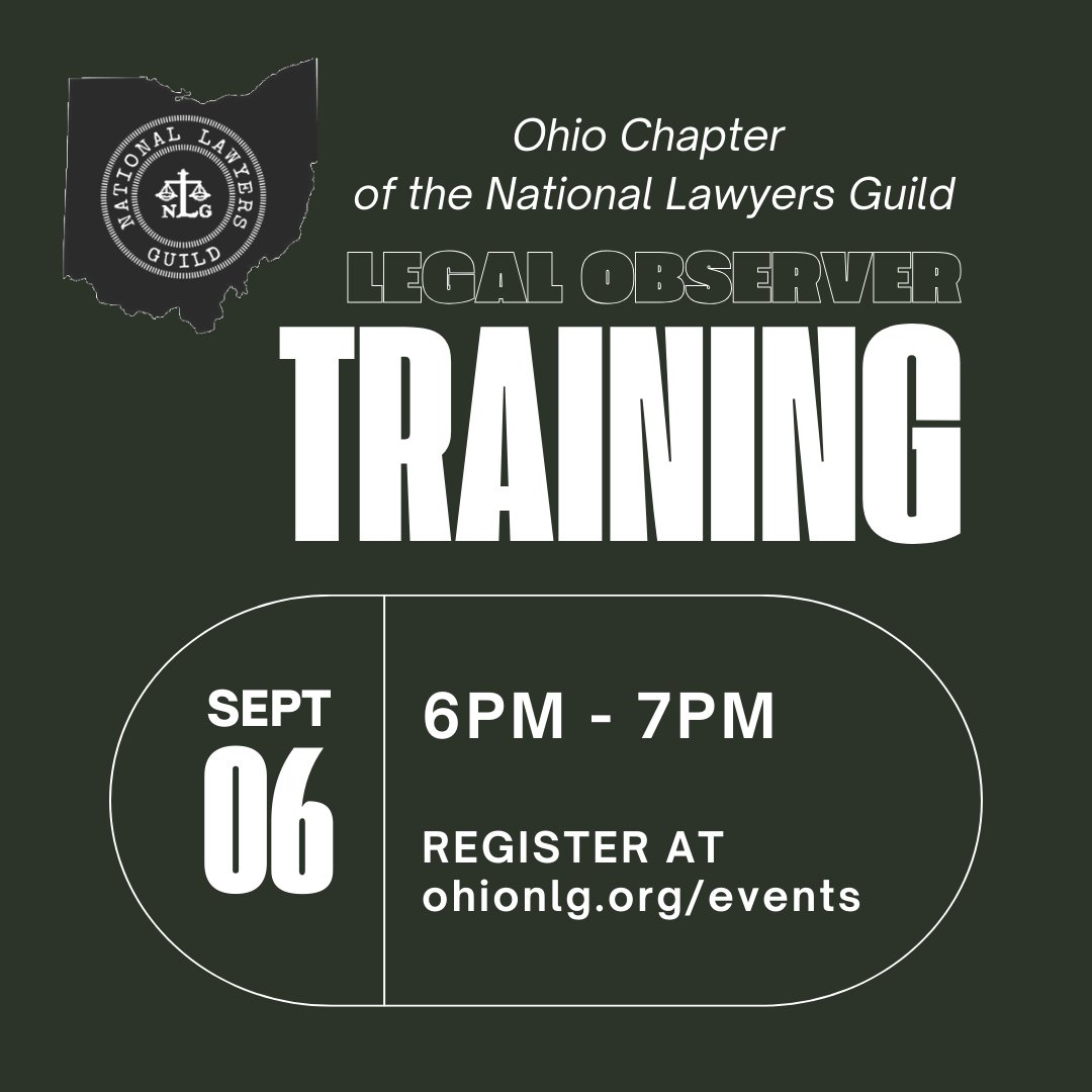 OhioNLG's tweet photo. 📷TOMORROW!📷
Join us tomorrow 9/6 over Zoom from 6-7pm to become a trained Ohio NLG Legal Observer!
Register at https://t.co/ceKYWZbLxl https://t.co/4fJioiaiYs
