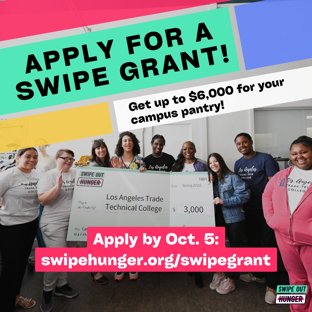#SwipeGrants are back for our Fall 2023 cycle! Campus partners can apply for the chance to receive up to $6,000 to support their food pantry in the 2023-2024 academic year. Join us for our Q&A session on Sept 13 & apply by Oct 5: hubs.la/Q0217RVQ0