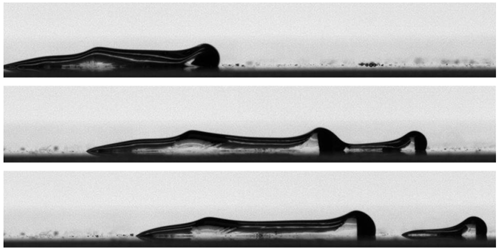APSphysics's tweet photo. #PRFluids Editors' Suggestion: Next time you are in a car on a rainy day, look closely and you will see tiny ripples on the raindrops as they scoot up. In #PhysicsMagazine today, researchers explain how these caterpillar droplets move: https://t.co/BTkwFBQ5SF. #FluidDynamics https://t.co/t4dKWggDNQ